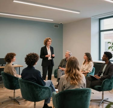 A sophisticated Scandinavian-style office with high ceilings and warm lighting. A professional casting director is chatting warmly with a diverse group of actors in a space featuring #1A5E63 velvet chairs and #ECF3F4 walls. The mood is artistic, professional, and fashion-oriented.