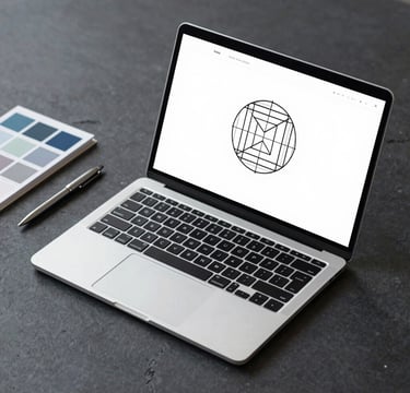 A minimalist, high-angle shot of a designer's workspace. A single high-end laptop is open on a dark slate surface, displaying a clean vector wireframe of a geometric logo. Beside it, a single metallic pen and a swatch book featuring shades of #4A5763 and #A0A696. The lighting is soft and architectural, creating subtle shadows. The overall mood is strategic, professional, and meticulously organized.