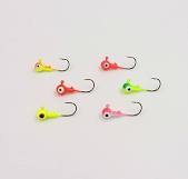 A collection of colorful neon fishing jig heads with sharp hooks for freshwater angling.