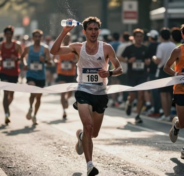 A dynamic action shot of a professional runner crossing the finish line in a city marathon. The lighting is cinematic morning sun, catching the spray of water from a bottle. The composition is close-up, focusing on the grit and emotion of the athlete. The palette features deep shadows #0D0D0D and bright highlights #F2F1ED, matching the brand's professional and high-impact mood.