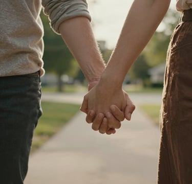 A cinematic close-up of a couple’s hands intertwined while walking through a North American / US suburban park. Warm, soft focus, sun-flares. Natural textures and Warm Brown tones.
