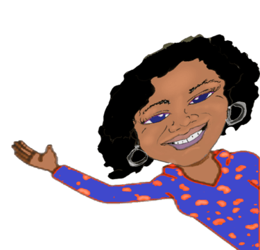 a cartoon girl with a blue and orange spotted shirt waving and smiling