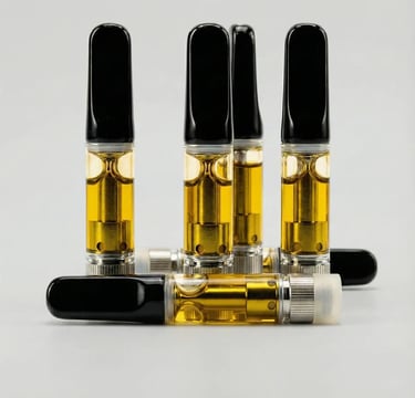 Collection of premium THC vape cartridges with amber distillate oil and black ceramic mouthpieces.