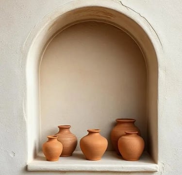 Arched wall niche with clay pottery and textured plaster walls