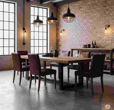 Industrial Dining Room with Brick Walls, Leather Chairs, and Loft-Style Windows