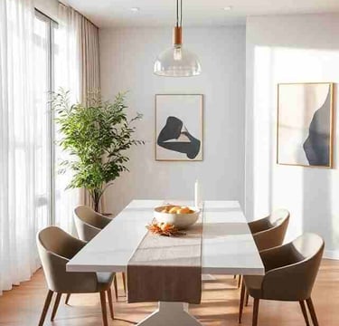 Modern dining room with elegant furniture and statement lighting.