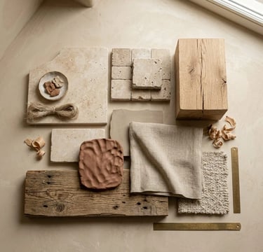 Modern Organic Material Palette Honed Travertine & Raw Timber Flat Lay. Eftelt Home Decoration