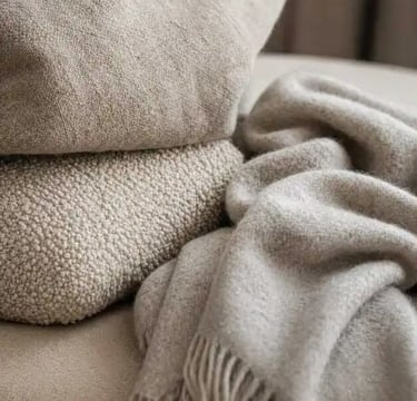 Modern Living Room Textiles Close-Up | Neutral Linen, Bouclé & Wool Layers (Luxury Interior Styling)