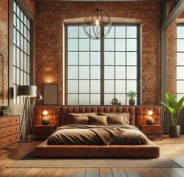 Industrial bedroom with exposed brick and metal accents – urban modern interior design.