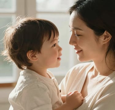 A close-up photography shot of a mother and child sharing an intimate moment in a sunlit West Michigan home. The aesthetic is light and airy with warm sand and off-white tones, emphasizing genuine emotion and timeless elegance.
