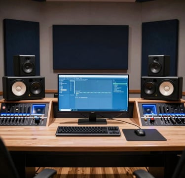 A sophisticated wide-angle shot of a professional audio control room in a Spanish studio. The scene features a sleek desk with dual monitors, studio speakers, and dark navy acoustic wall panels. Accents of slate blue and muted blue light the technical equipment. Southern European / Spanish setting, clean and modern style.
