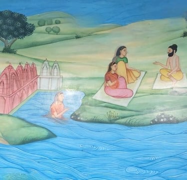Sage Kapila teaching Sankhya Yoga to Devahuti at Bindu Sarovar in Siddhpur.
