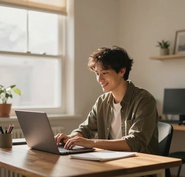 Candid, cinematic wide shot of a software developer in a sun-drenched home office with warm light streaming through a window. The atmosphere is professional yet cozy, featuring wooden desk textures (#8C5845) and soft cream walls (#F7F4E9). The developer is focused on a laptop screen, with a hint of a smile, reflecting a human-centric and friendly approach to technical work.