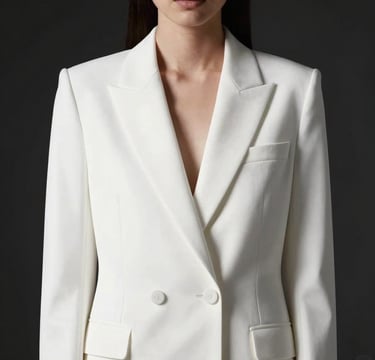 A high-end fashion editorial shot of a model wearing a structural white blazer against a deep black background. Minimalist styling, sharp lighting creating bold highlights and deep shadows, professional studio photography in the brand palette of #F8F8F8 and #0F0F0F.
