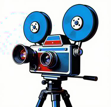 A bold Pop Art illustration of a vintage 1960s 35mm cinema camera. The style features thick black ink outlines, flat color blocks of #0050B3 blue and #D4202B red, with sections of halftone dot patterns. The composition is asymmetrical and graphic, set against a film grain texture.