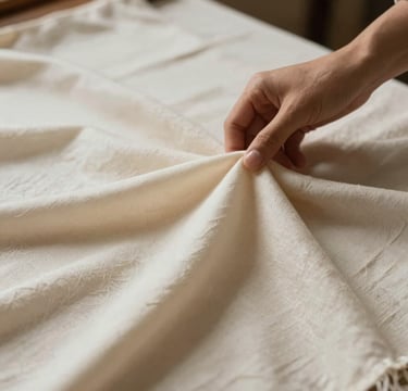 A close-up editorial fashion photograph highlighting historical textile textures. Soft organic cotton and raw silk in shades of soft cream and warm alabaster being gently handled by an artisan. Elegant, minimal composition with shallow depth of field, celebrating Brazilian craftsmanship and heritage. Editorial magazine aesthetic.