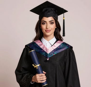 A high-end studio portrait of a female graduate in a black gown with elegant embroidery, holding a diploma, warm cinematic lighting, soft pale pinkish-white background, Middle Eastern / Gulf context.