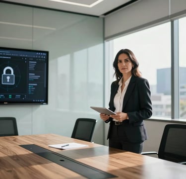 A professional portrait of a Mexican / Latin American female computer systems engineer presenting her digital security research in an elegant, sunlit boardroom in Mexico City. Modern minimalist architecture, clean glass walls, and a professional, authoritative mood.