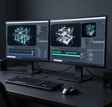 A sophisticated, high-end 3D graphics workstation in a sleek North American / US studio setting. The photograph focuses on high-resolution displays showing complex 3D wireframes and architectural renders. The lighting is low and moody, featuring dark charcoal surfaces and muted steel blue-grey ambient glows.