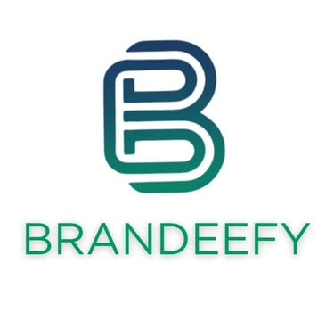 Brandeefy company logo featuring a stylized blue and green gradient B icon above green sans-serif text.