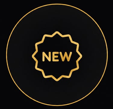 Elegant gold badge icon with the word NEW inside a thin golden circle on a black background.