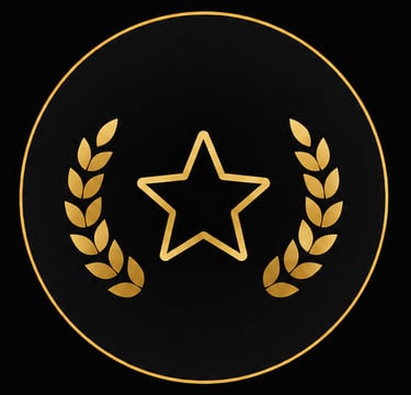 Golden star icon with a laurel wreath on a black background, representing excellence and achievement awards.