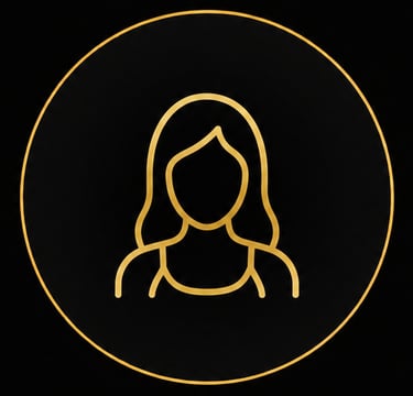 Minimalist gold line art female avatar icon inside a circular frame on a black background.