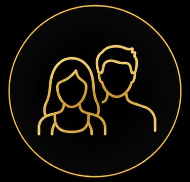 Gold line art icon of a man and woman profile inside a golden circle on a black background.