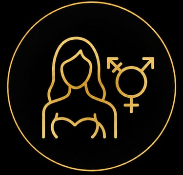 Gold line art icon of a woman and transgender symbol inside a circle on a black background.
