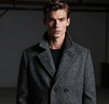 A high-fashion cinematic portrait of a masculine male model with sharp features, wearing a charcoal grey tailored coat. The lighting is moody and dramatic with soft off-white highlights on one side of his face. The background is a dark, minimalist industrial space.
