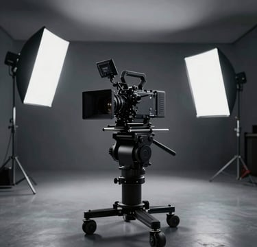 A high-end, cinematic wide shot of a modern, minimalist film set. A professional cinema camera on a gimbal is positioned in a sleek studio space. The lighting is dramatic and controlled, using soft boxes to create elegant highlights on the equipment. The color palette features deep blacks (#1A1A1A) and cool metallic tones (#8C9CA6). Sophisticated and premium atmosphere.