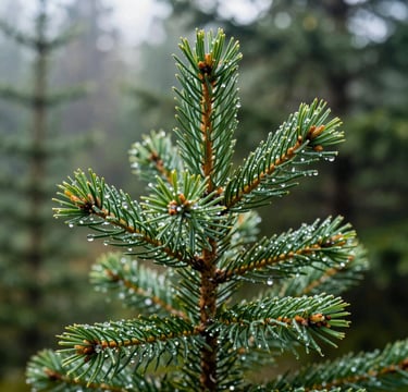 A close-up photograph of vibrant pine needles covered in morning dew, with a soft-focus background of a North American evergreen forest, bright natural morning light, emphasizing a clean and modern aesthetic.
