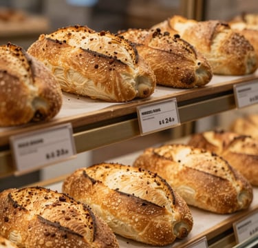 Close-up of a rustic artisan bread loaf with a perfectly crisp crust and soft interior, softly lit against a white background.