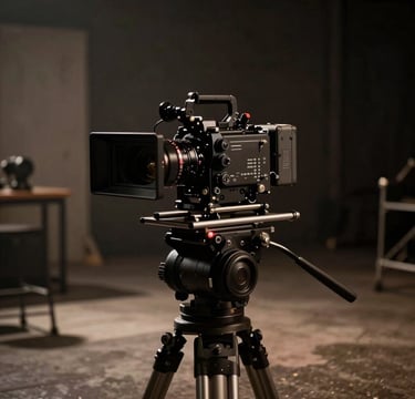 A high-contrast, dramatic cinematic photograph of a professional film set in a North American / US studio. Low-key lighting creates deep ebony shadows and sharp pearl highlights on a professional camera rig. The atmosphere is sophisticated and moody, capturing the essence of modern film noir production.