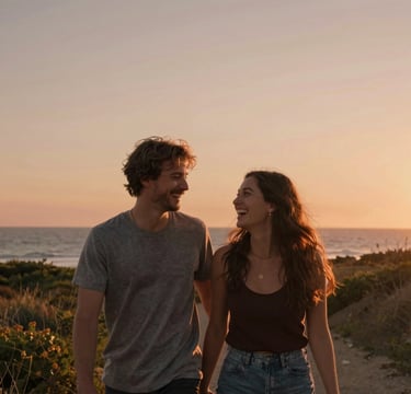 A cinematic, sun-drenched candid photograph of a happy couple in a North American / US coastal setting at sunset. The lighting is warm with terracotta hues, capturing a genuine moment of laughter. The composition is wide, showing the authentic connection and the natural, breezy environment.