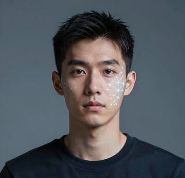 A high-end, professional studio portrait of a person with cinematic lighting, where one side of the face features a subtle, glowing digital network pattern. The background is a minimalist gradient of #1A202C and #3D5A80, exuding a modern and innovative tech-art fusion.