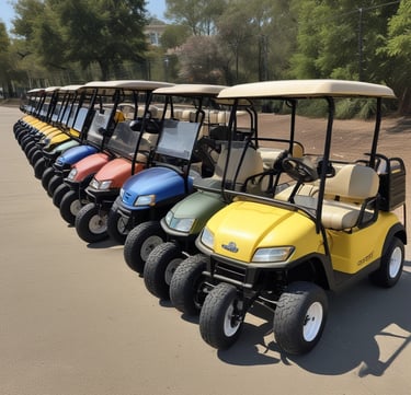 a red golf carton with a black and white golf cartonce