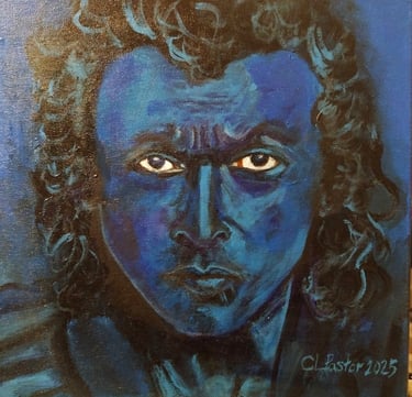 a painting of a man with blue eyes