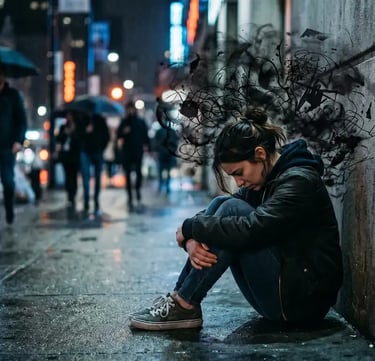 Mulher triste sentada na rua sob chuva com sombras sobre a cabeça. Artigo sobre a Depressão.