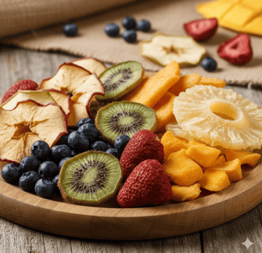 Fruta de temporada (arandano azul, mango, piña, fresa y kiwi) deshidratada