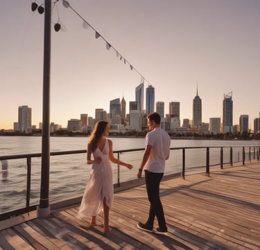 a sugar baby and sugar mommy holding hands and walking on a boardwalk