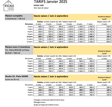 Grille tarifs 2025 Haute saison Escale 1695