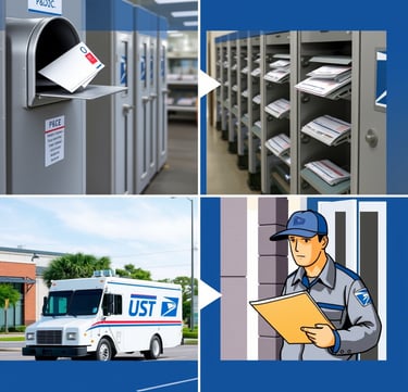 The journey of mail through the USPS system, from collection to delivery.