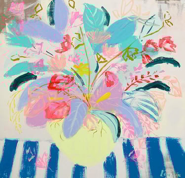 a painting of a vase with flowers in bloom, colourful and bright floral painting by Lena Sin