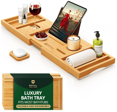bamboo bathtub tray, foldable with products on top