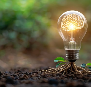 A lightbulb with roots deep in the soil, depicting the depth and natural background showing growth 