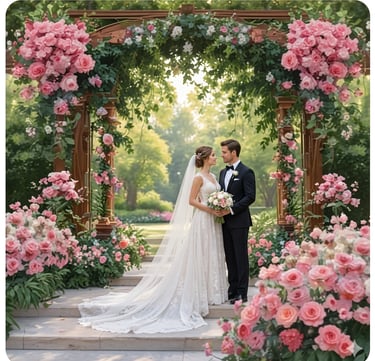 Live Painting of wedding ceremony with rose arch and green background in North Carolina