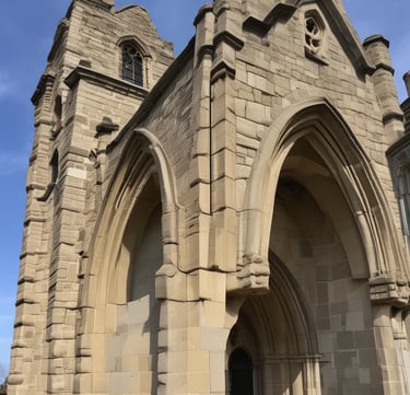 Historic stone gothic revival church architecture featuring pointed arches and a tall masonry bell tower.