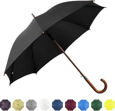 a black umbrella with a wooden handle and a wooden handle