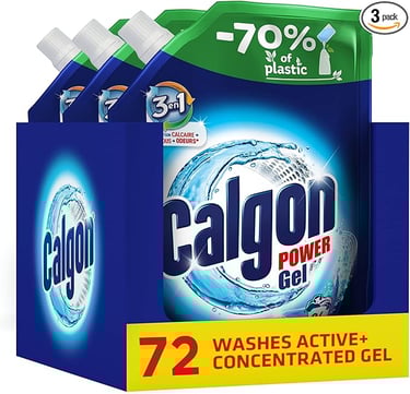 Calgon Power Gel 3-in-1 water softener 3-pack in 72-wash eco-friendly pouches.